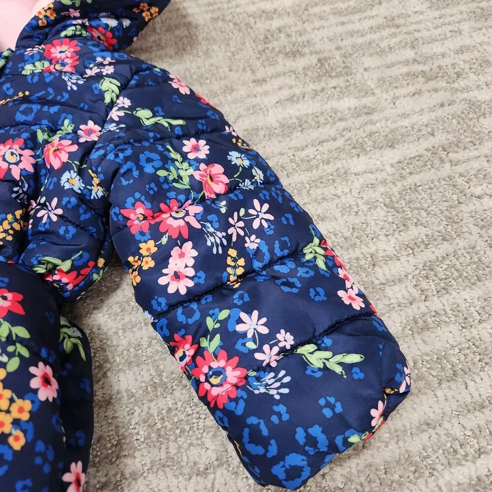 Little Me girls floral puffer hood heavyweight jacket blue pink size 2T